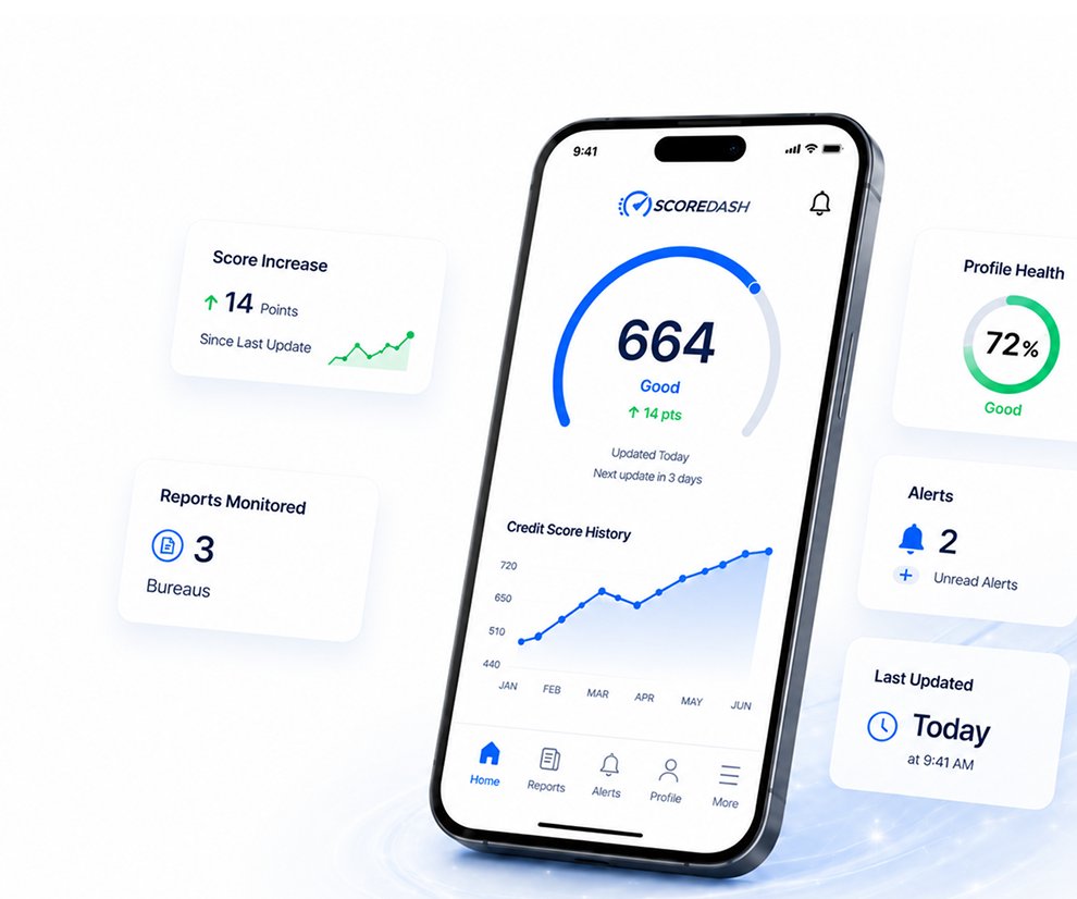 The scoredash.ai app showing a 664 credit score, score history, monitored reports, profile health and unread alerts