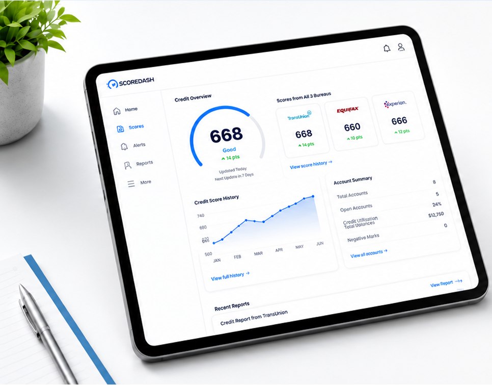 The scoredash.ai dashboard on a tablet showing a credit overview, scores from all three bureaus and account summary