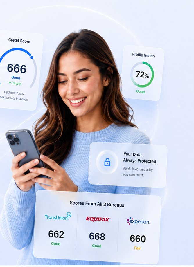 A member reviewing a 666 credit score, profile health and scores from all three bureaus on a phone